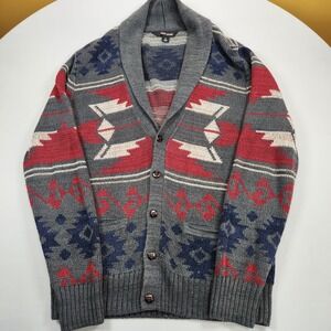 Adam Levine Men's S Aztec Cardigan Sweater Gray Southwestern Cotton Bld Grandpa